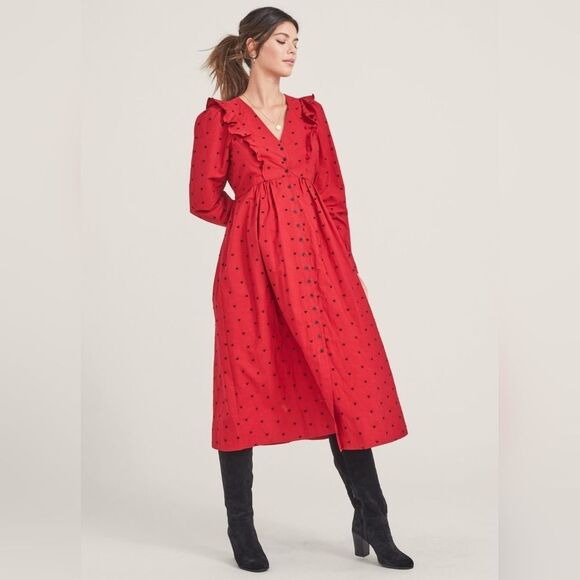 Hatch Red Embroidered Midi Button  Long Sleeve Cotton Dress Size S - Picture 5 of 16